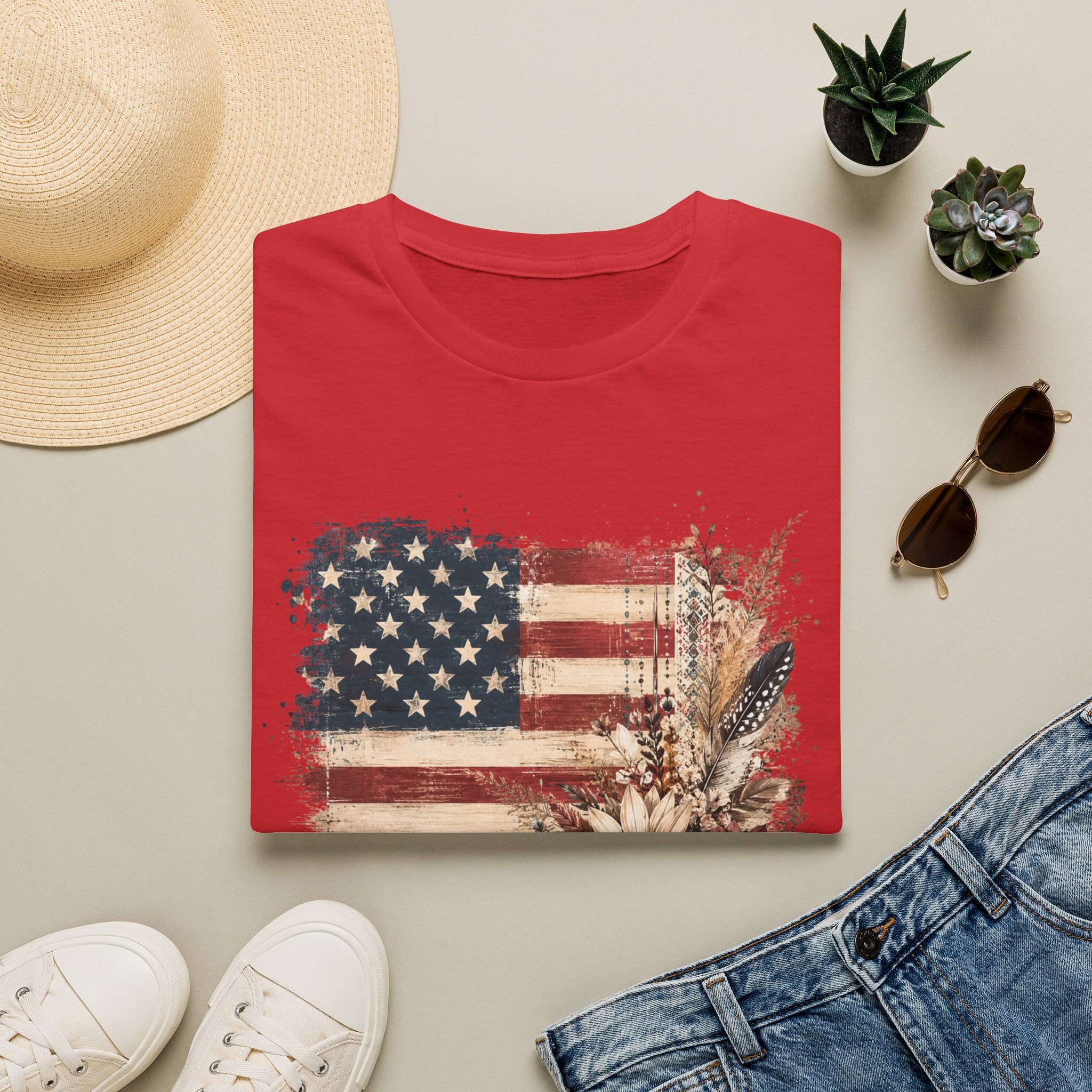 American Flag Floral T-Shirt — Rustic Vintage Stars & Stripes Tee