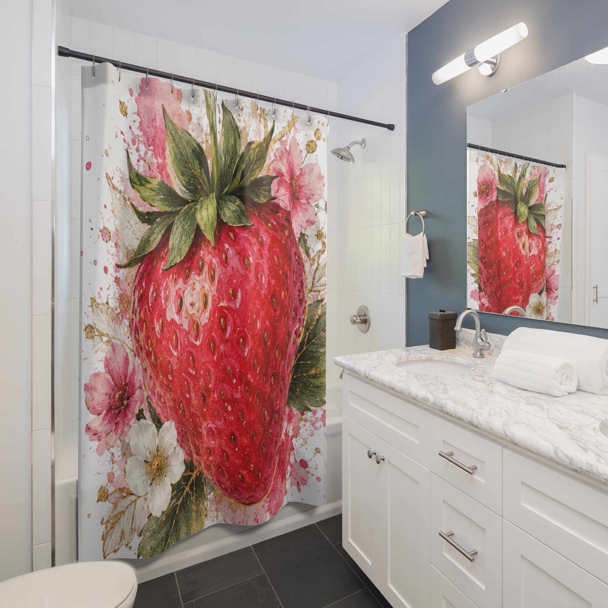 Strawberry Botanical Shower Curtain – Watercolor Fruit Floral Bath Decor