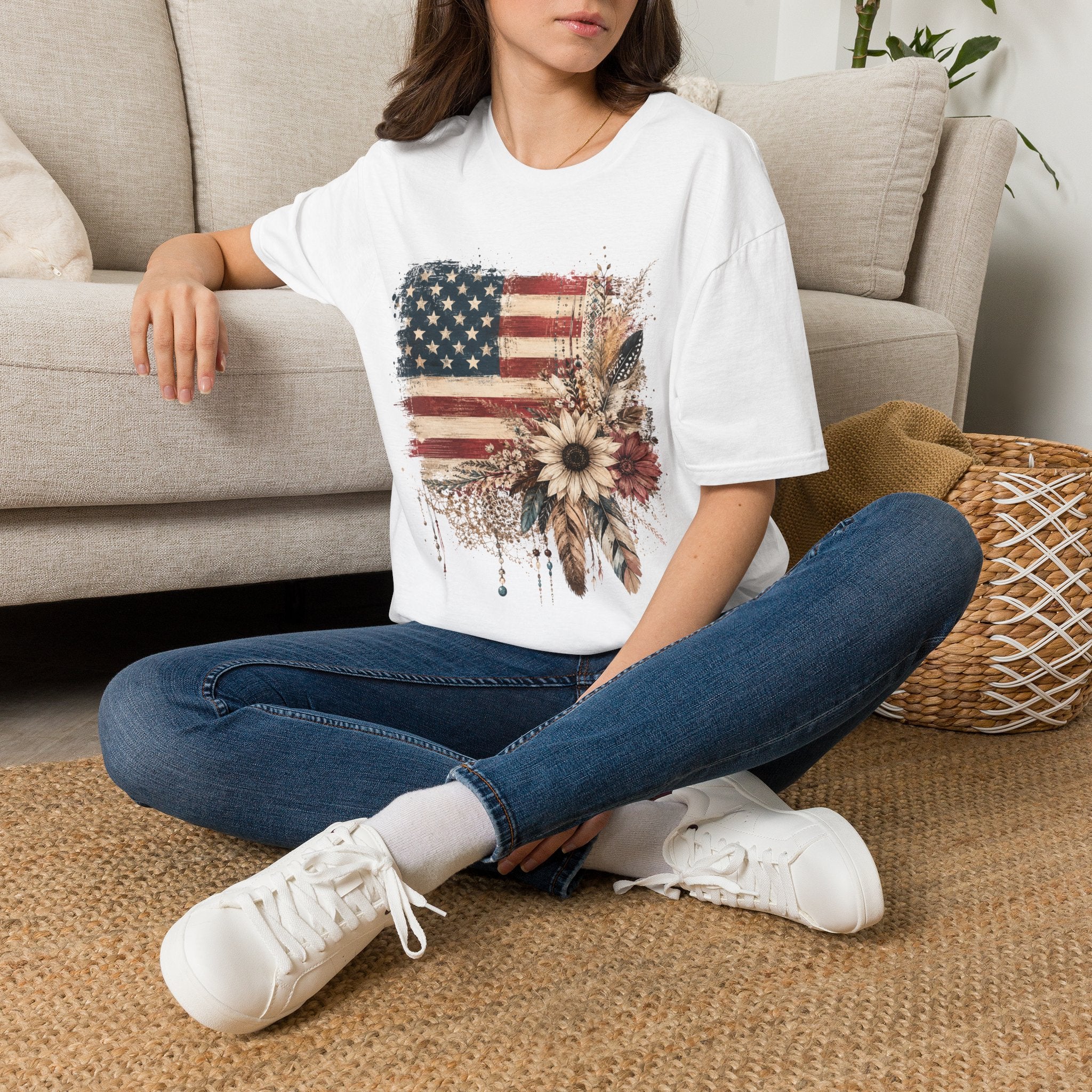 American Flag Floral T-Shirt — Rustic Vintage Stars & Stripes Tee