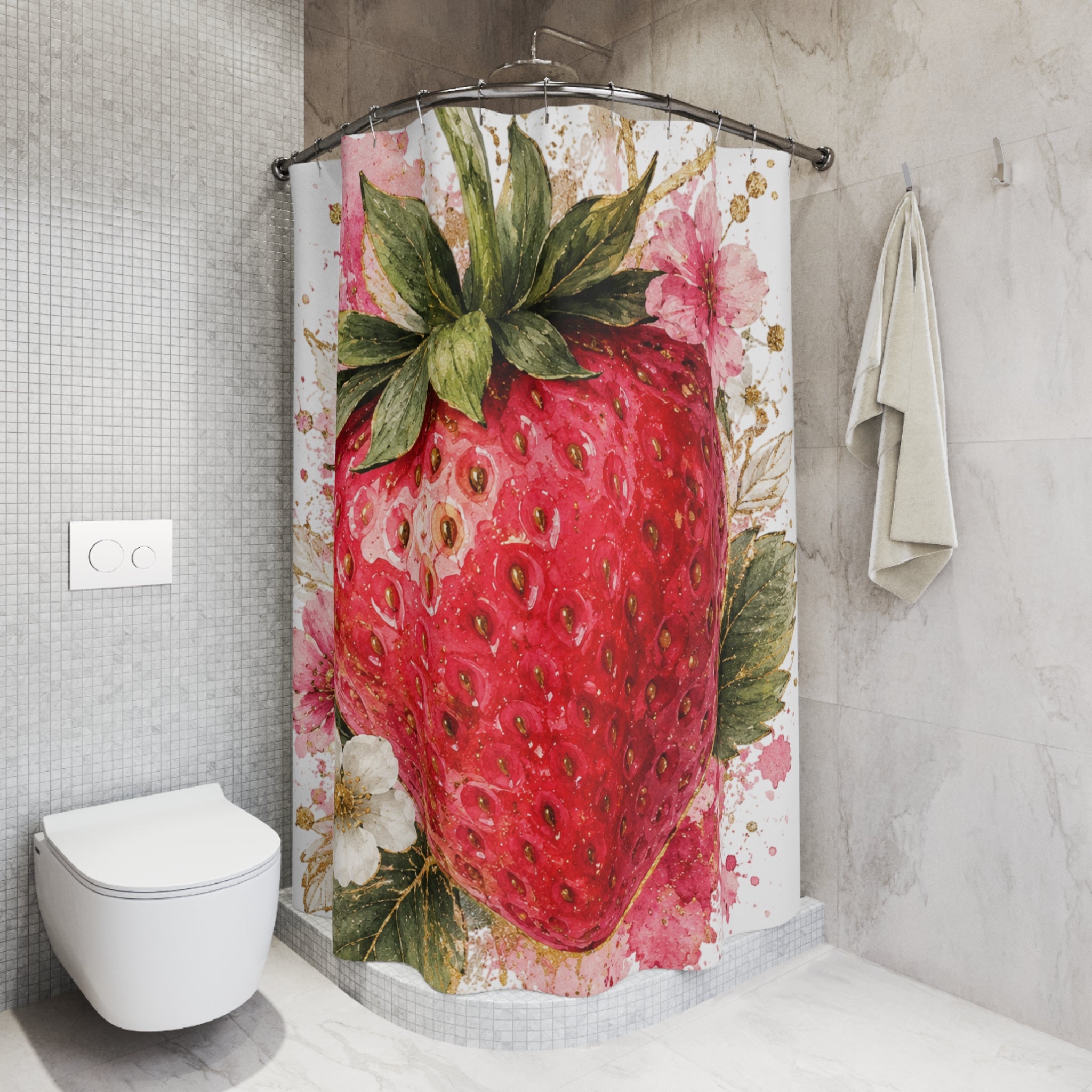 Strawberry Botanical Shower Curtain – Watercolor Fruit Floral Bath Decor