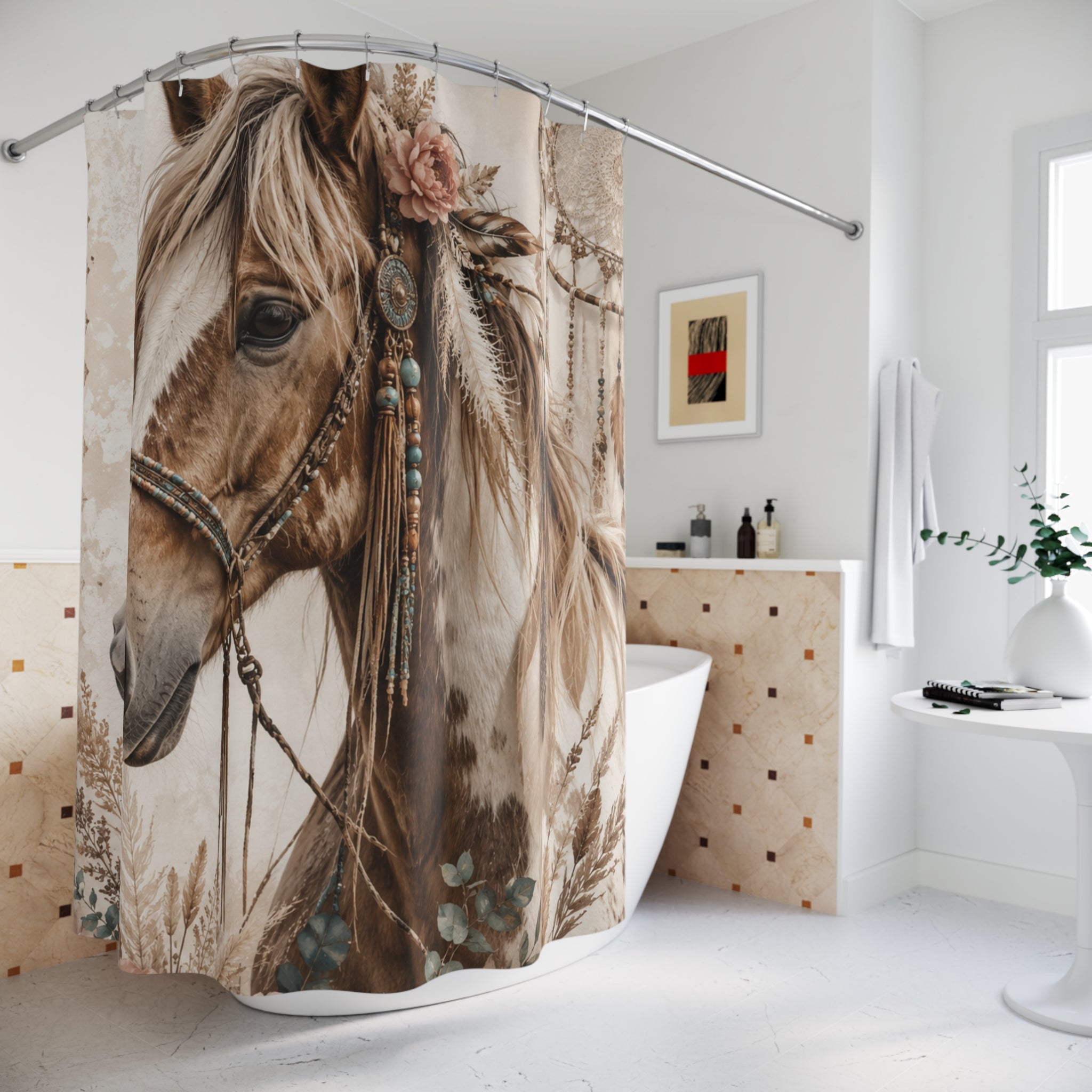 Boho Horse Shower Curtain — Dreamcatcher Western Bathroom Decor
