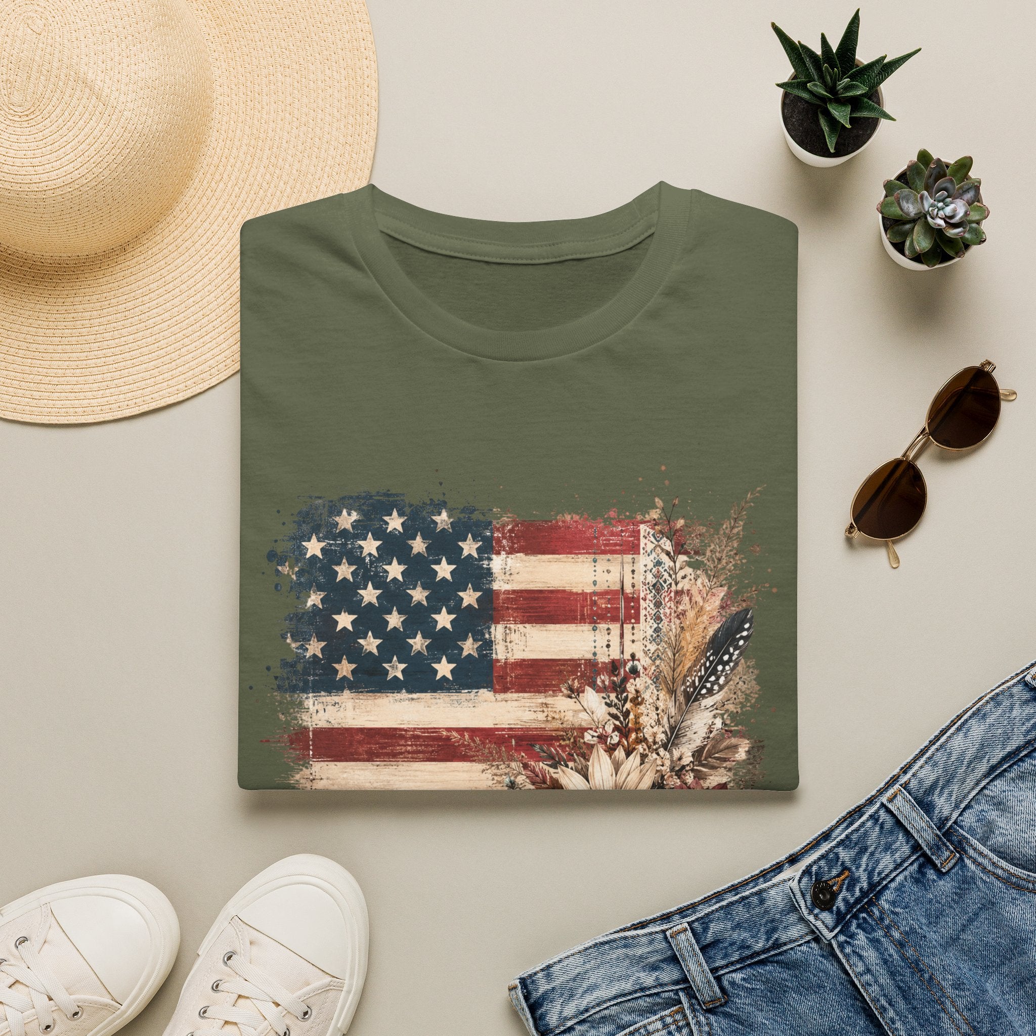 American Flag Floral T-Shirt — Rustic Vintage Stars & Stripes Tee