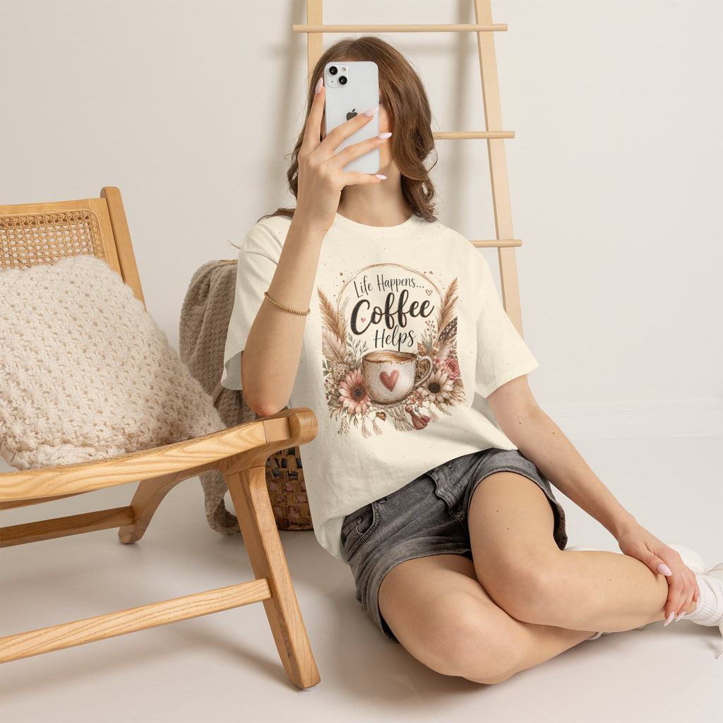 Coffee Helps T-Shirt — Floral Boho 'Life Happens, Coffee Helps' Graphic Tee