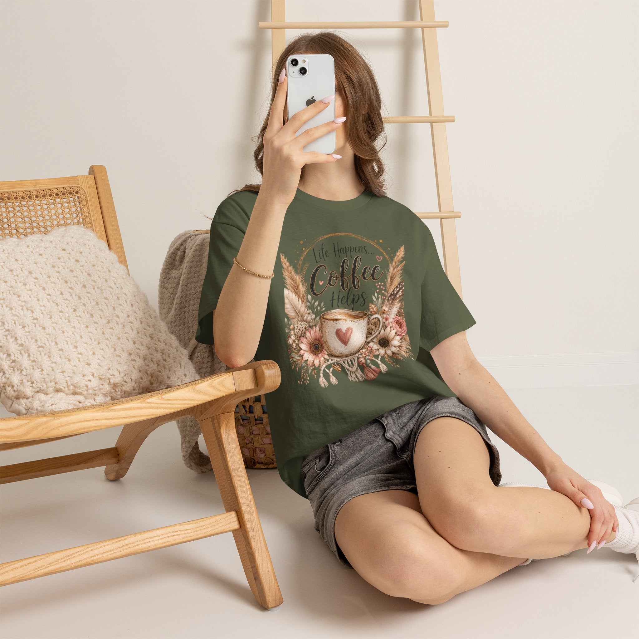 Coffee Helps T-Shirt — Floral Boho 'Life Happens, Coffee Helps' Graphic Tee