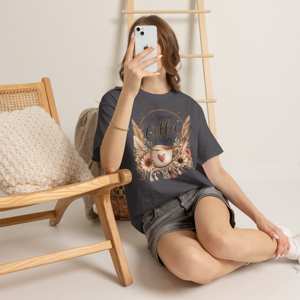 Coffee Helps T-Shirt — Floral Boho 'Life Happens, Coffee Helps' Graphic Tee