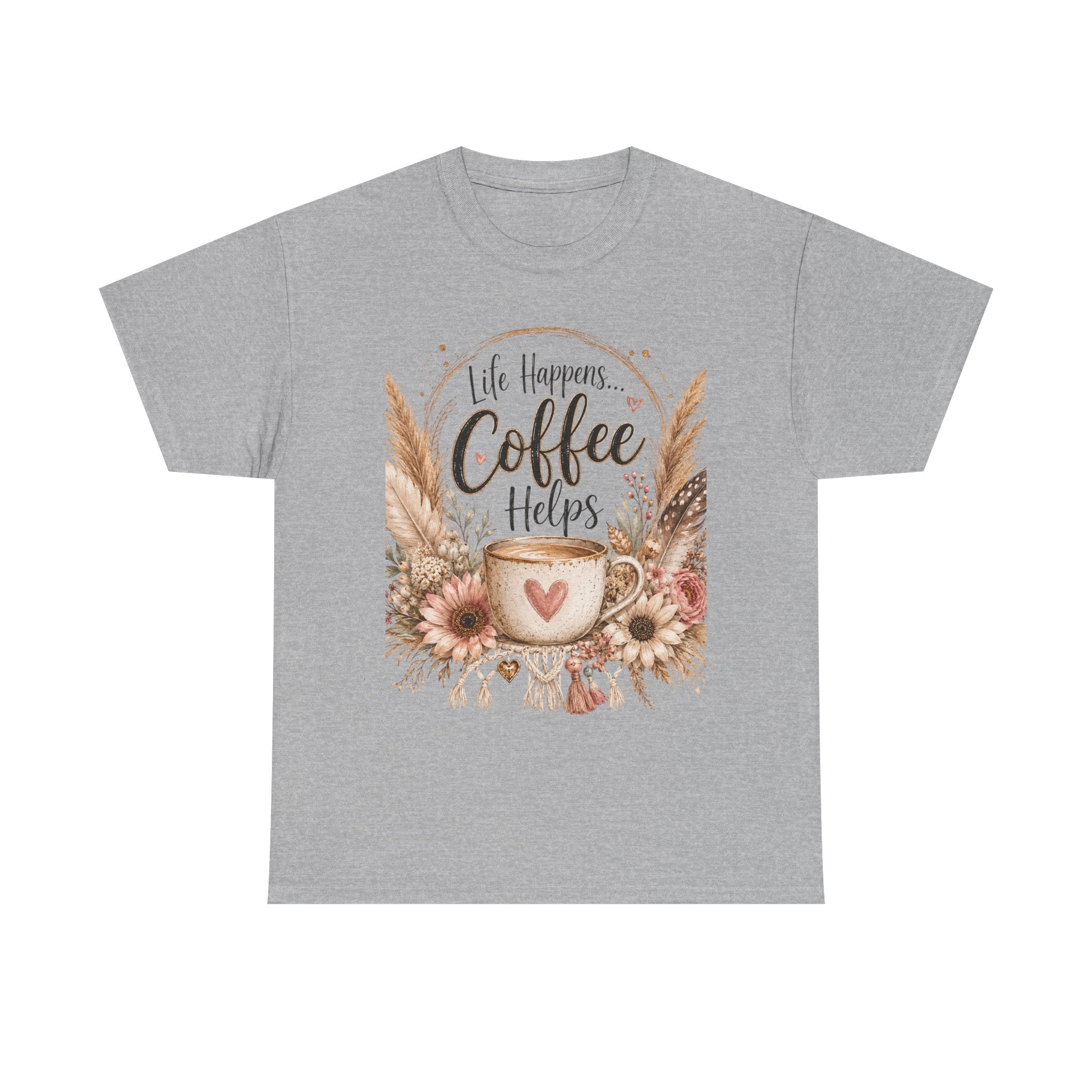 Coffee Helps T-Shirt — Floral Boho 'Life Happens, Coffee Helps' Graphic Tee