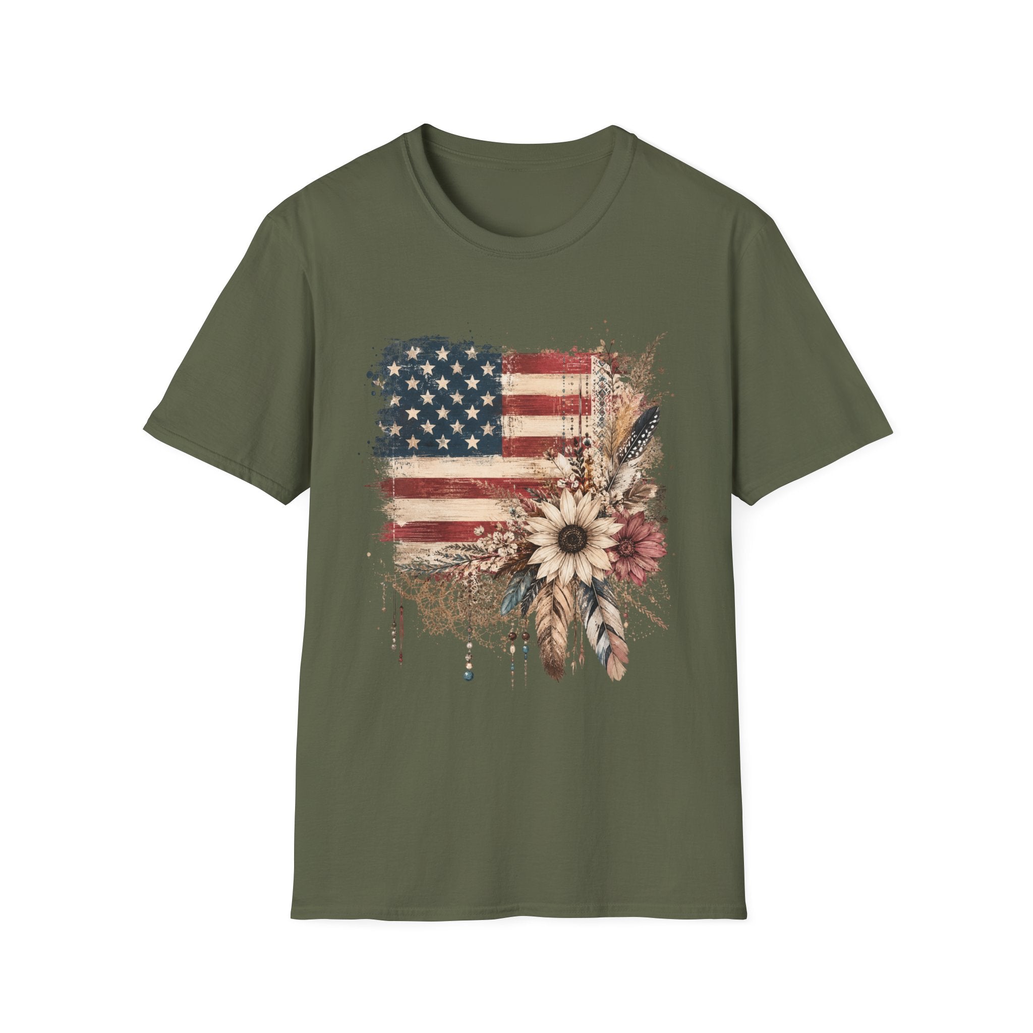 American Flag Floral T-Shirt — Rustic Vintage Stars & Stripes Tee