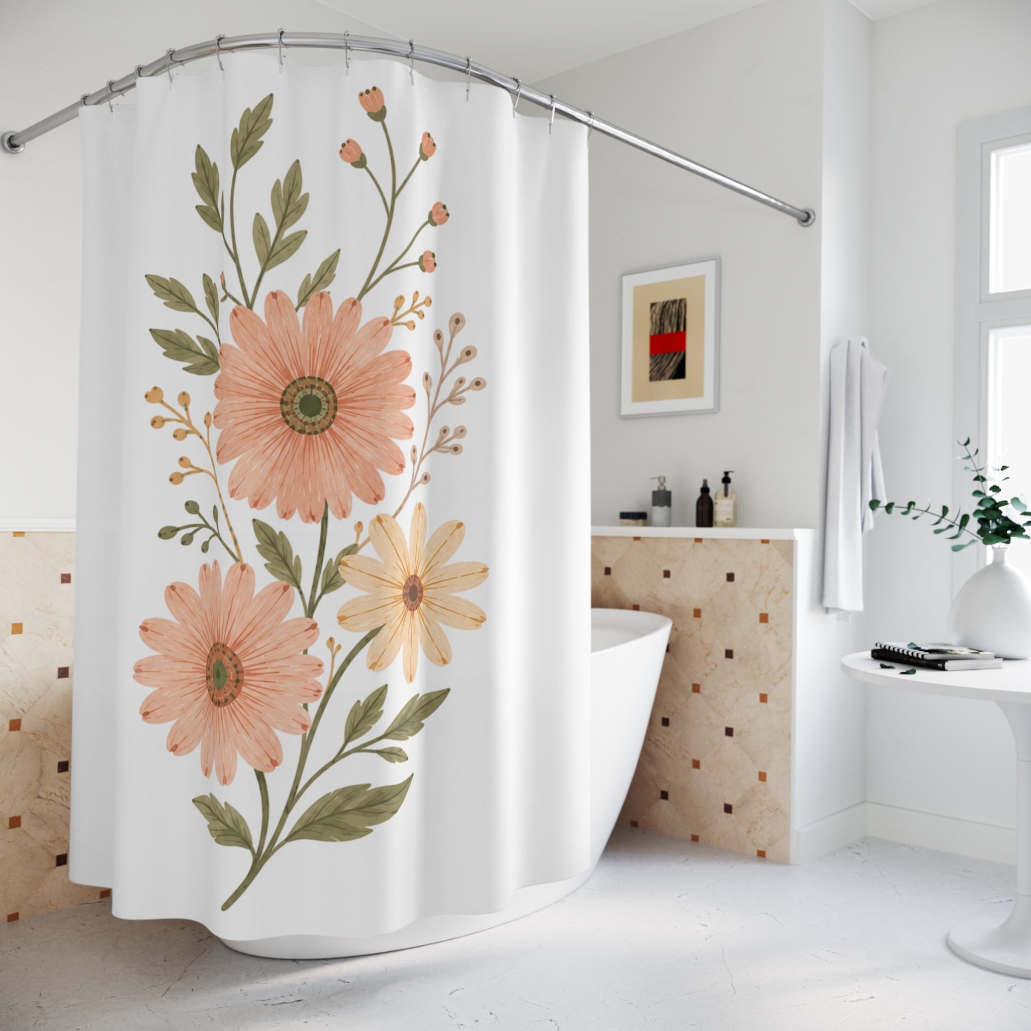Floral Daisy Shower Curtain — Peach Botanical Bathroom Decor