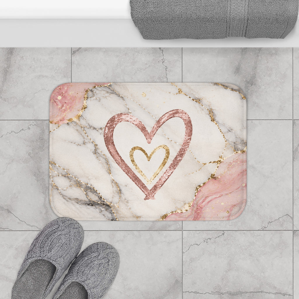 Marble Rose Gold Heart Bath Mat — Pink Marble Bathroom Rug with Gold Accents