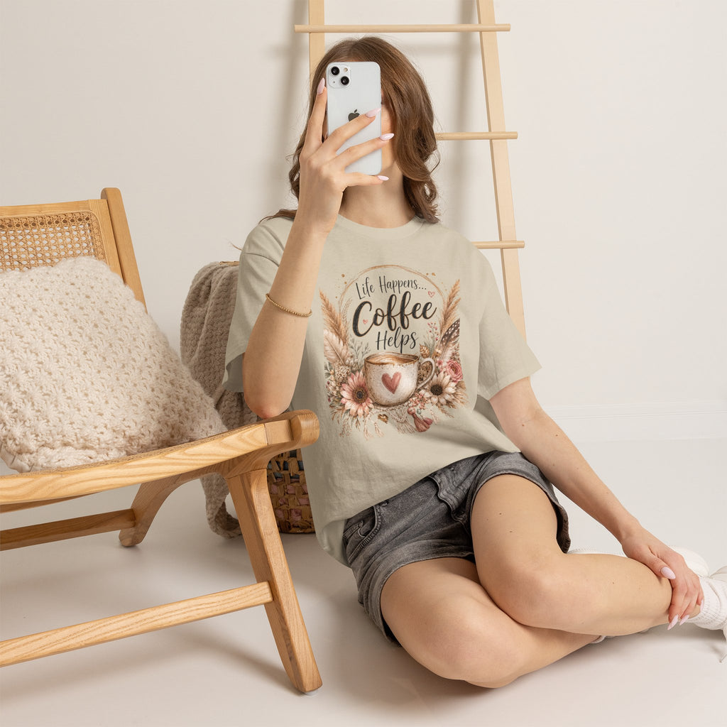 Coffee Helps T-Shirt — Floral Boho 'Life Happens, Coffee Helps' Graphic Tee