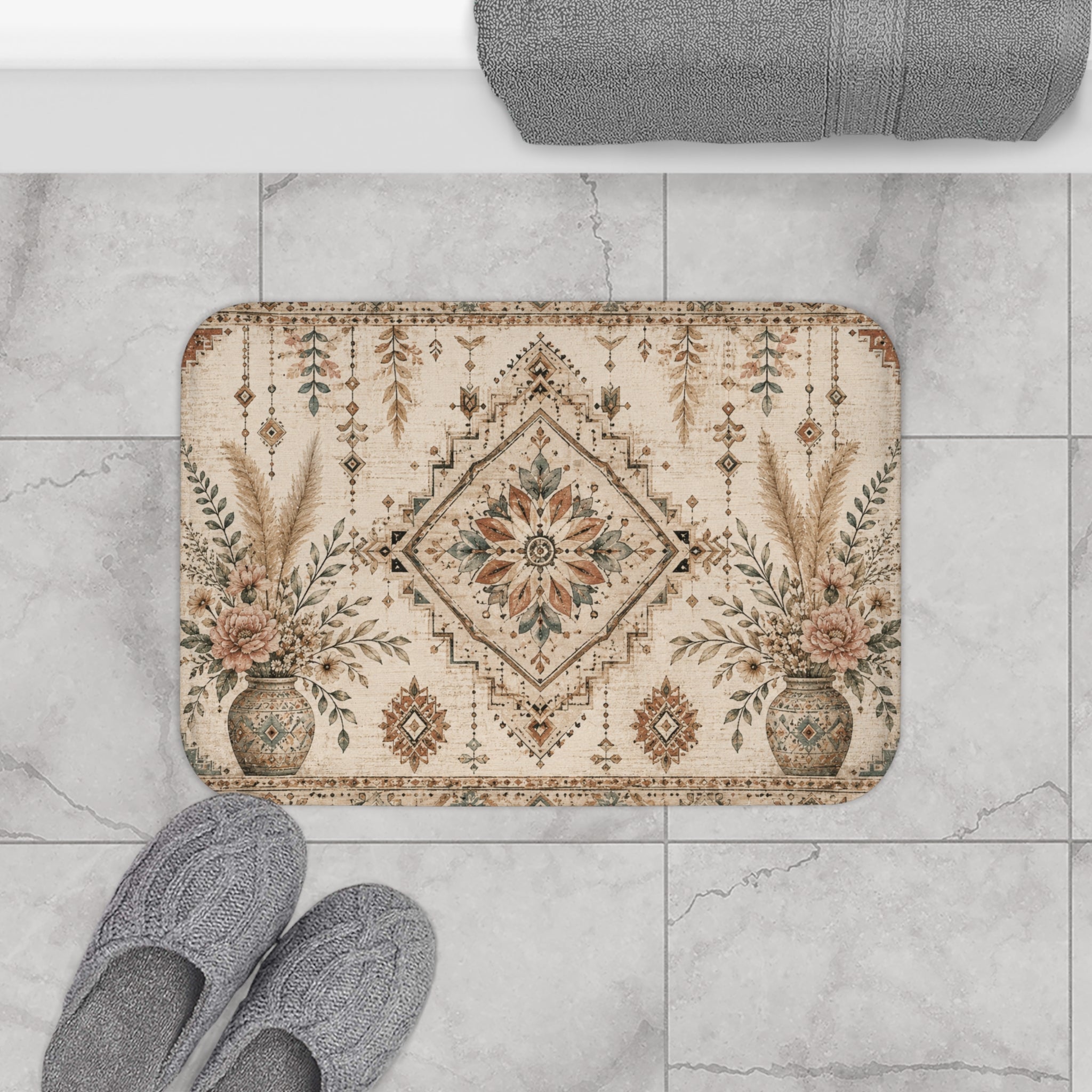 Boho Floral Bath Mat — Vintage Moroccan-Inspired Decorative Rug for Bathroom
