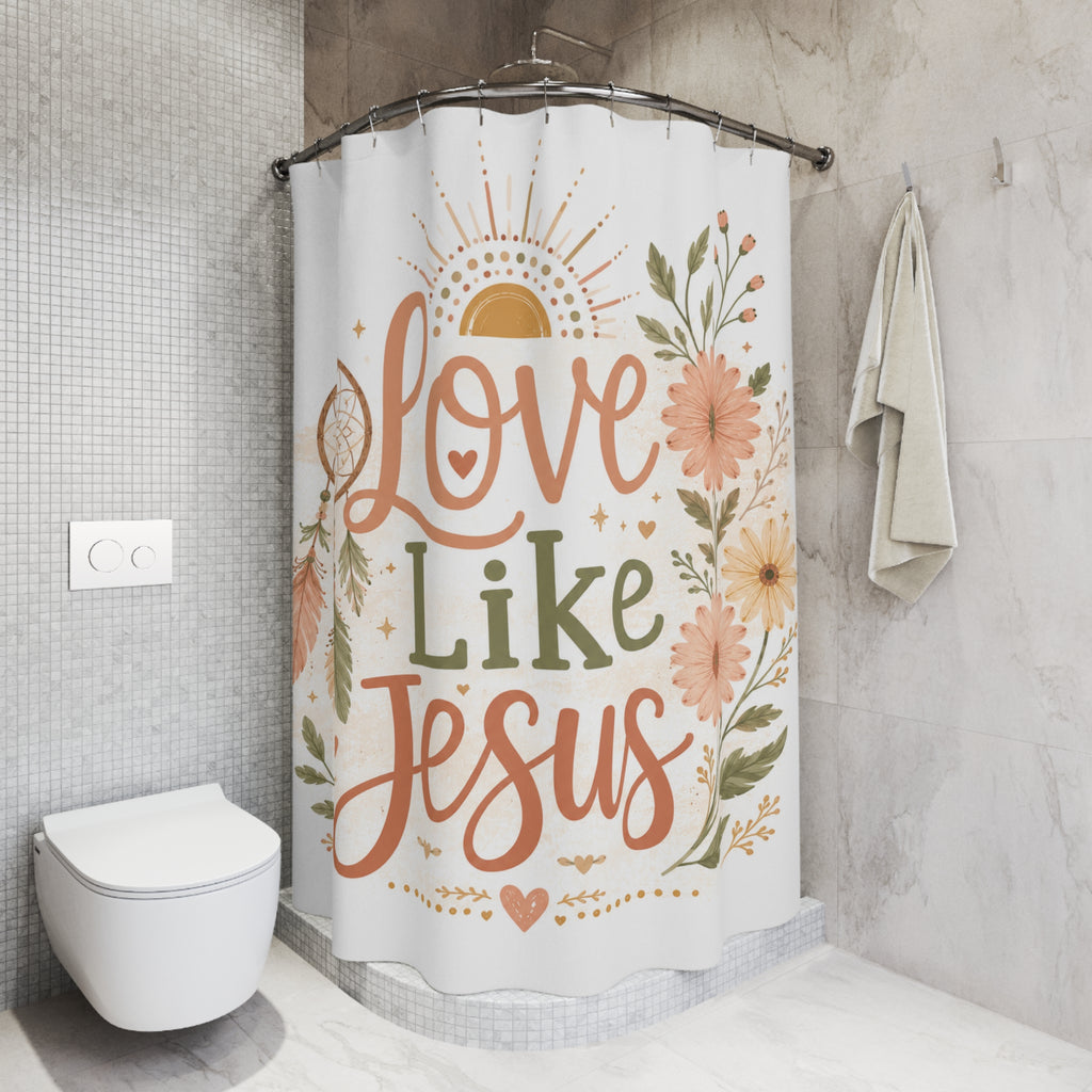 Love Like Jesus Shower Curtain – Boho Floral Christian Bathroom Decor