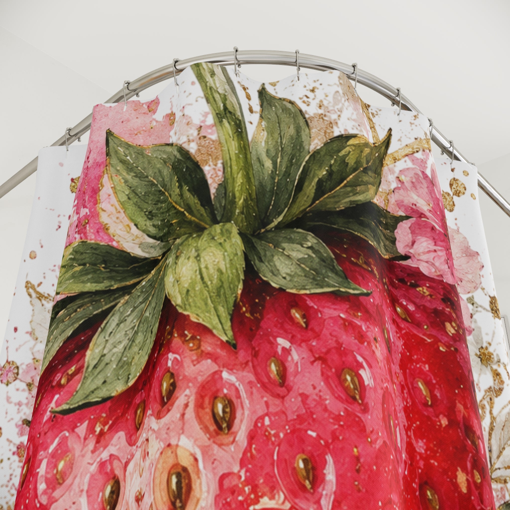 Strawberry Botanical Shower Curtain – Watercolor Fruit Floral Bath Decor