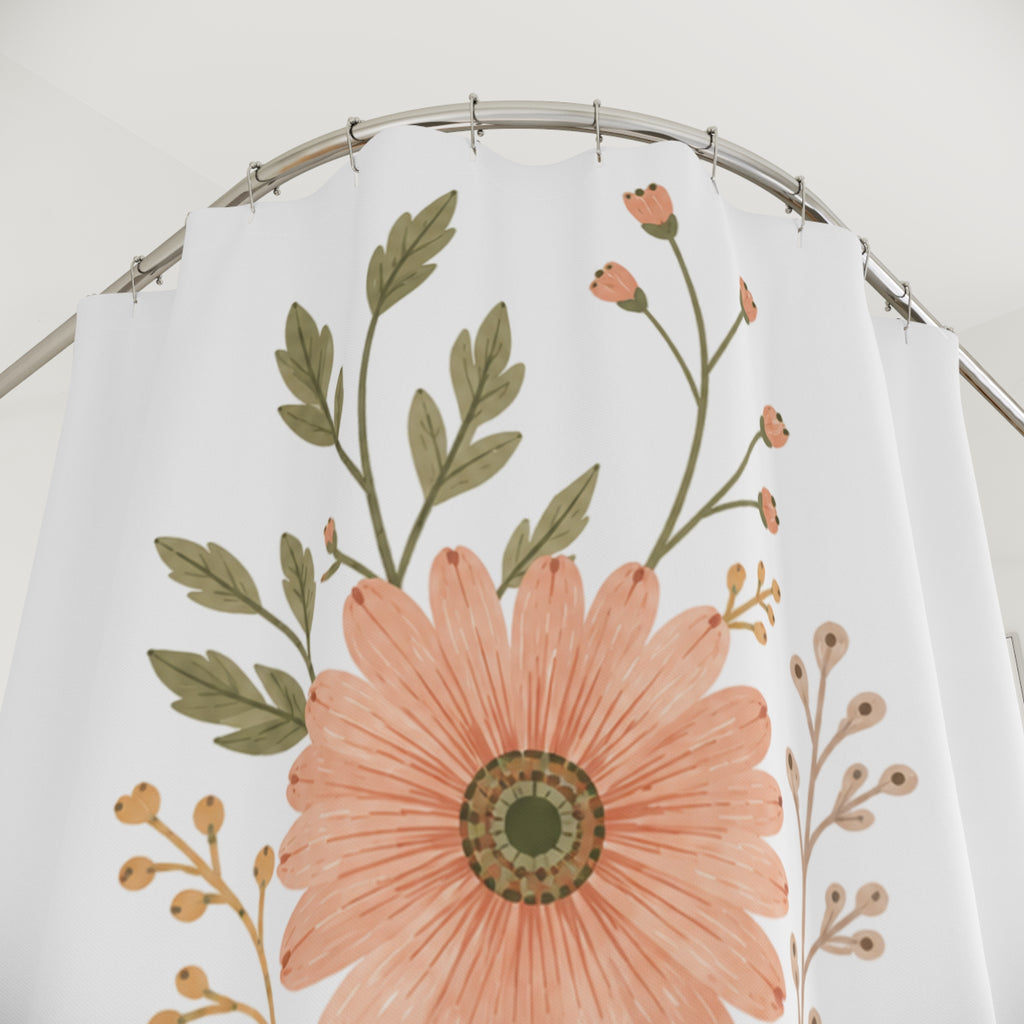 Floral Daisy Shower Curtain — Peach Botanical Bathroom Decor