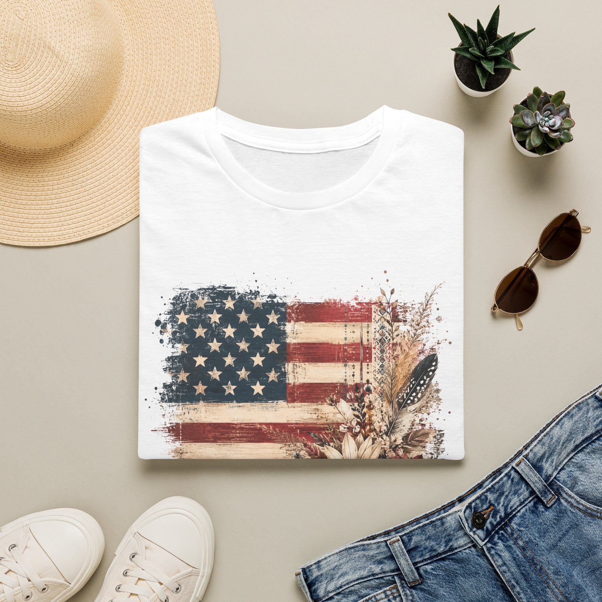 American Flag Floral T-Shirt — Rustic Vintage Stars & Stripes Tee