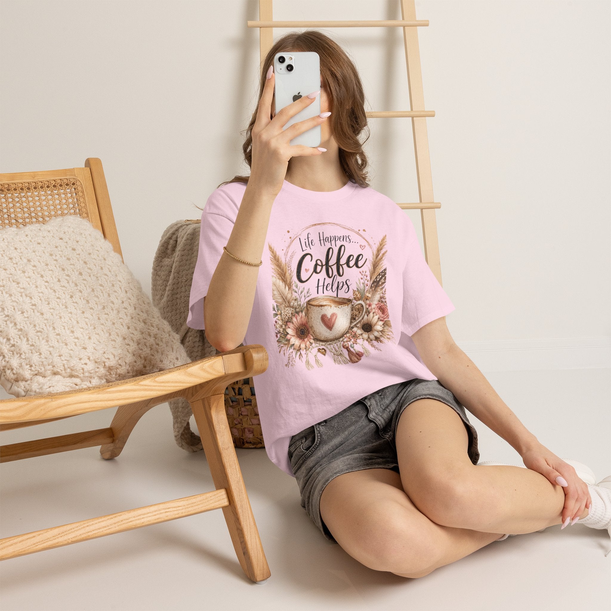 Coffee Helps T-Shirt — Floral Boho 'Life Happens, Coffee Helps' Graphic Tee