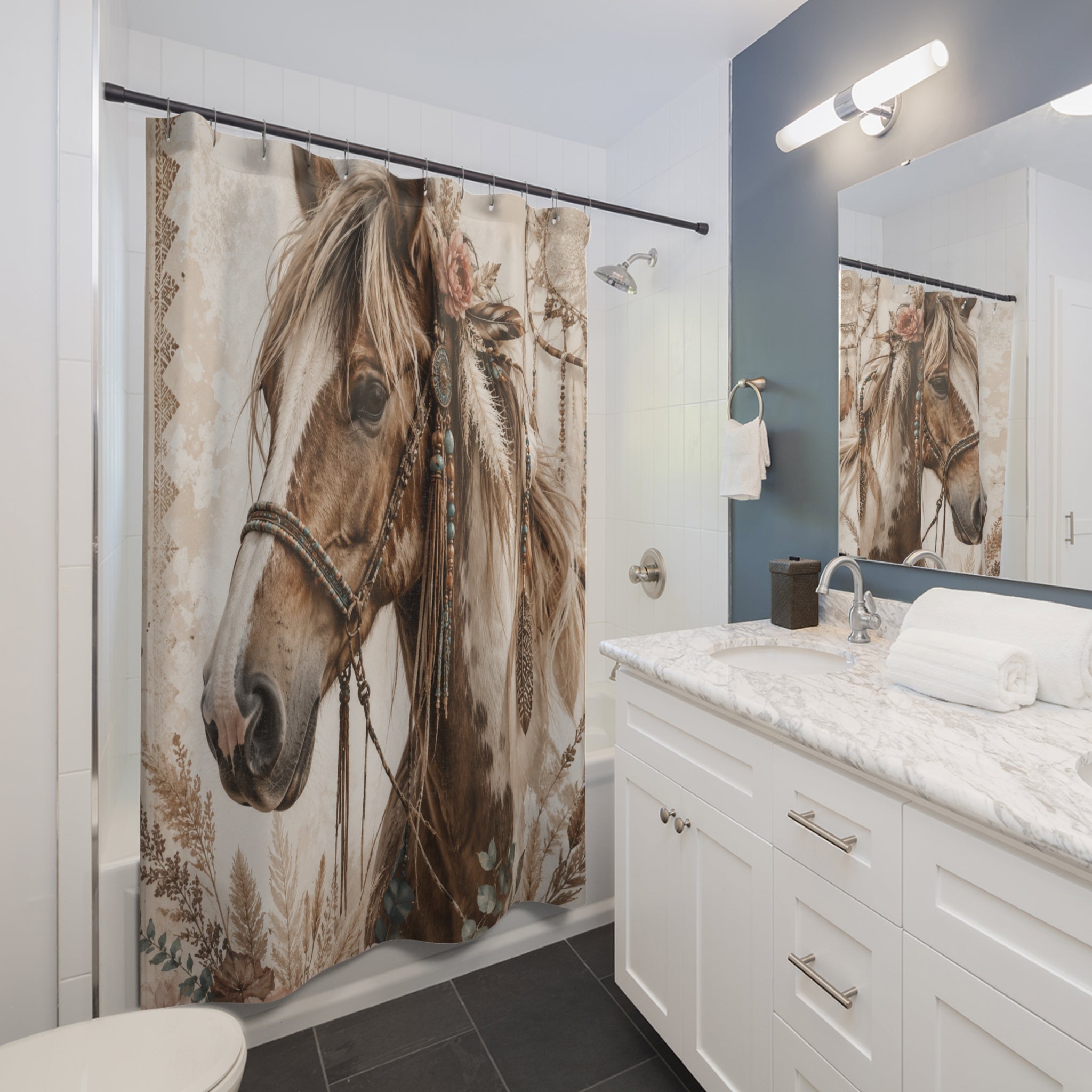 Boho Horse Shower Curtain — Dreamcatcher Western Bathroom Decor