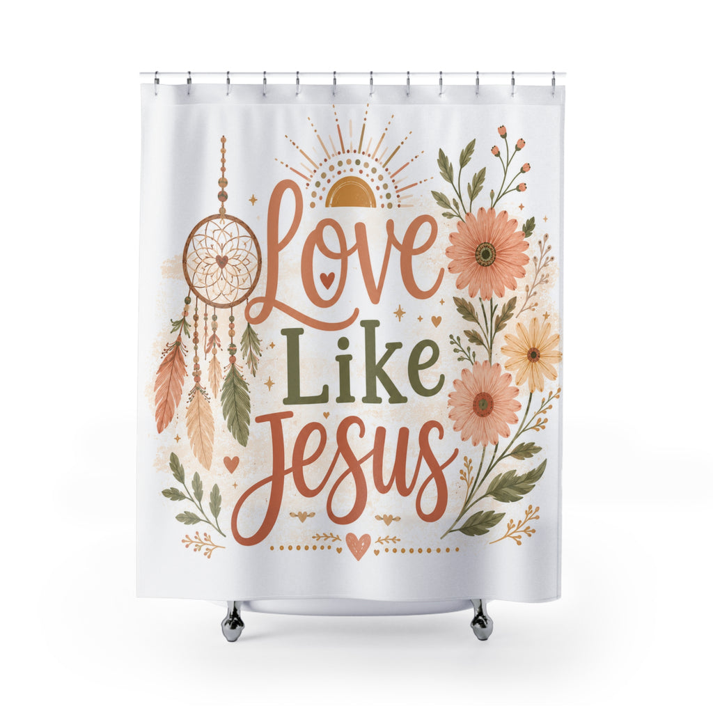 Love Like Jesus Shower Curtain – Boho Floral Christian Bathroom Decor