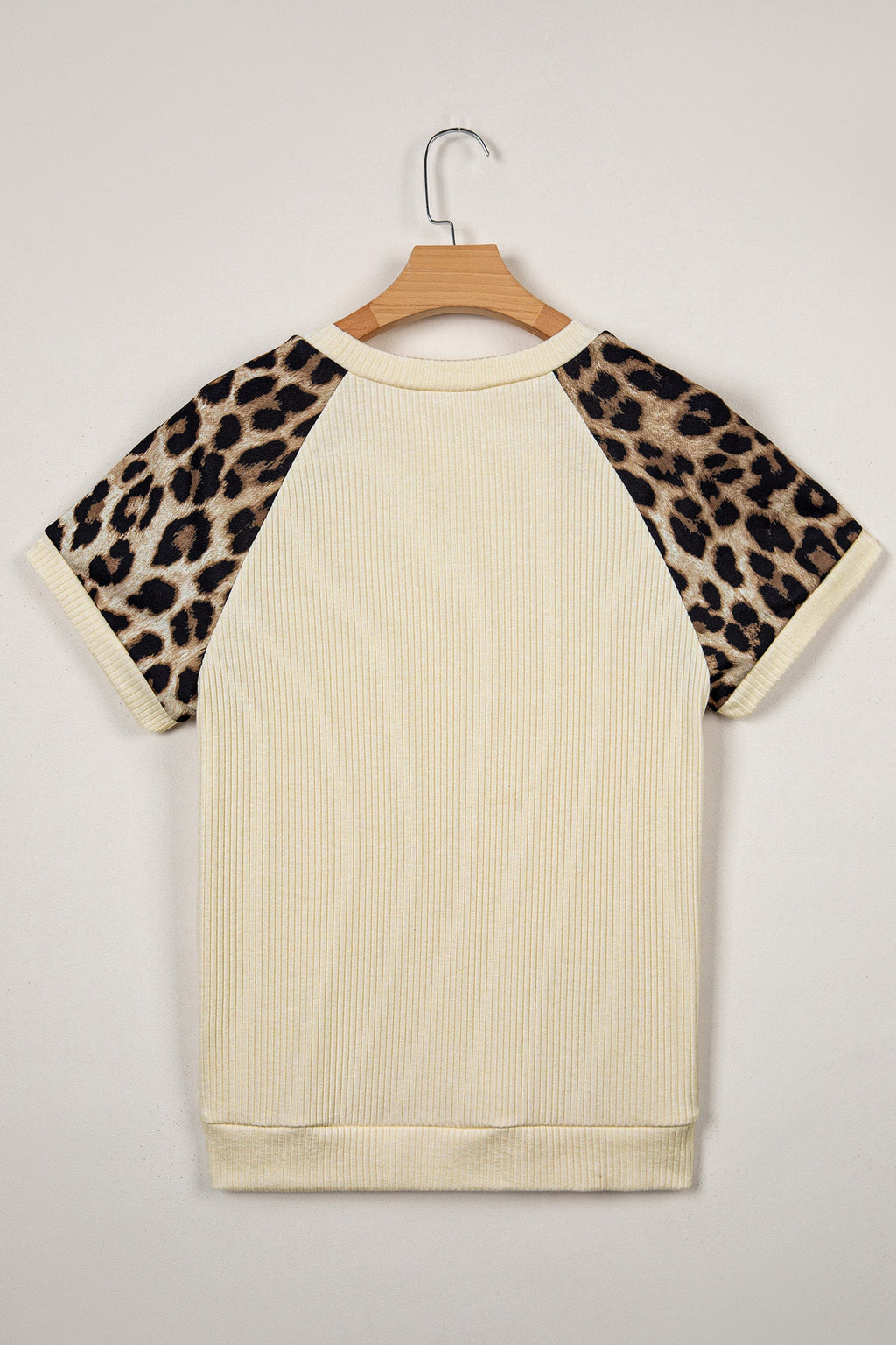 Apricot Ribbed Color Block Leopard Contrast Sleeve Loose Tee