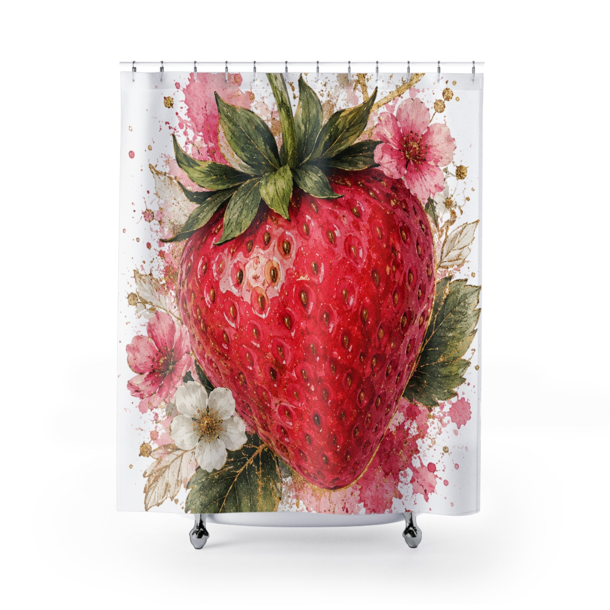 Strawberry Botanical Shower Curtain – Watercolor Fruit Floral Bath Decor