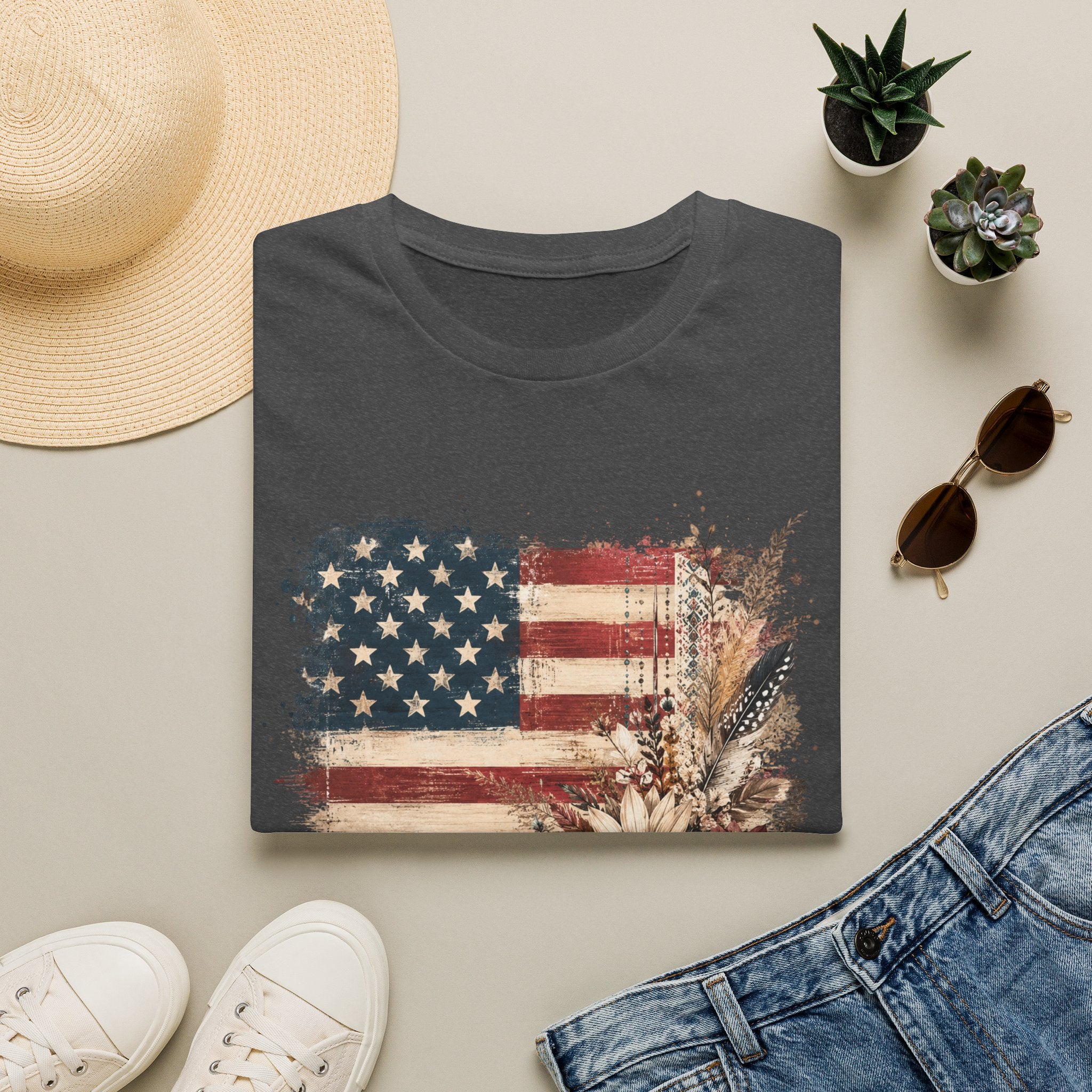 American Flag Floral T-Shirt — Rustic Vintage Stars & Stripes Tee