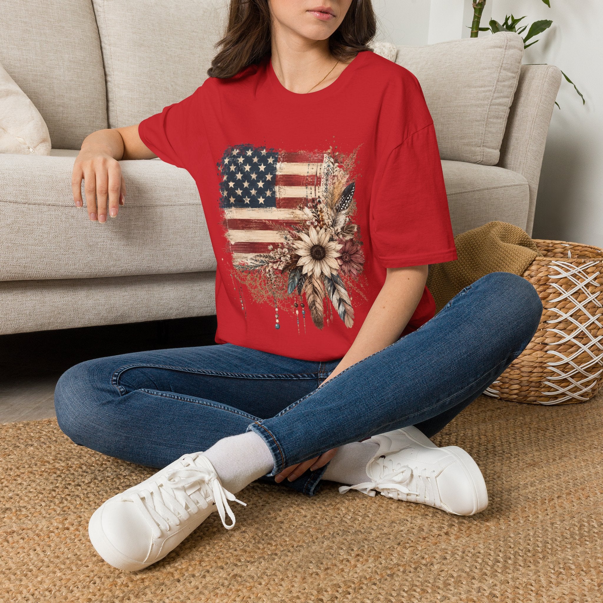 American Flag Floral T-Shirt — Rustic Vintage Stars & Stripes Tee