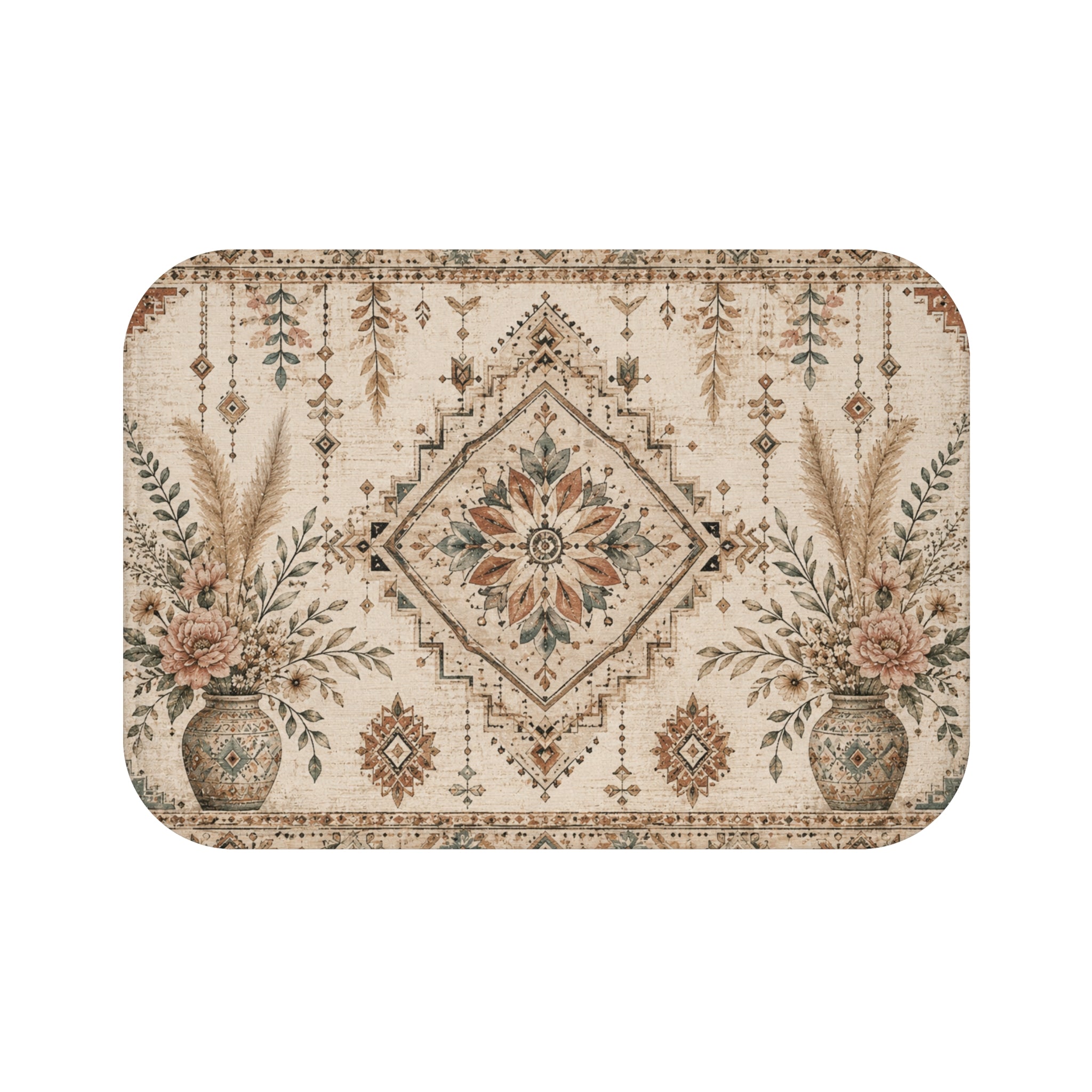 Boho Floral Bath Mat — Vintage Moroccan-Inspired Decorative Rug for Bathroom