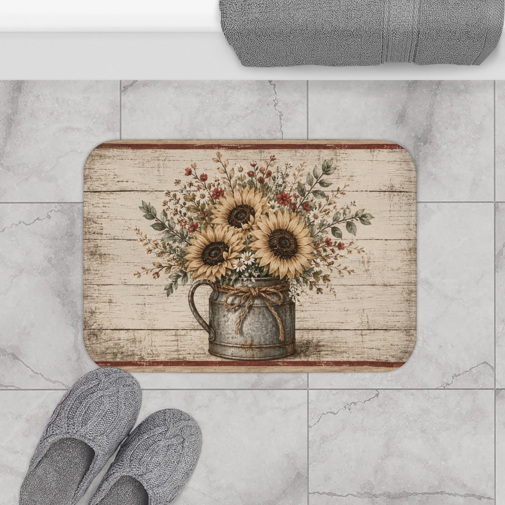 Rustic Sunflower Bath Mat – Farmhouse Floral Bathroom Rug