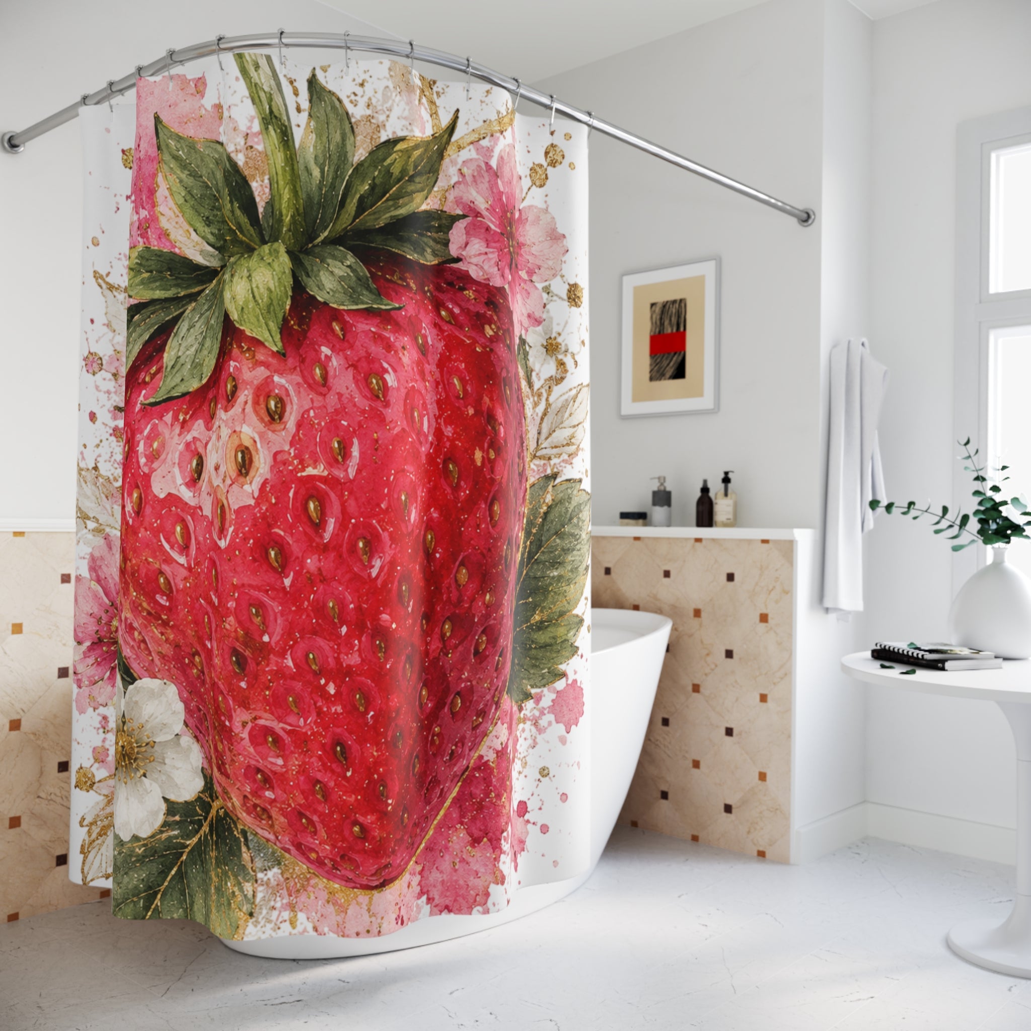 Strawberry Botanical Shower Curtain – Watercolor Fruit Floral Bath Decor