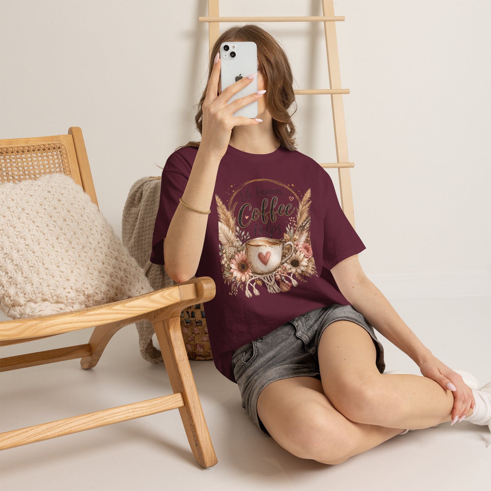 Coffee Helps T-Shirt — Floral Boho 'Life Happens, Coffee Helps' Graphic Tee