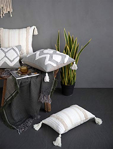 Fennco Styles Handmade Tufted Woven Tassel Decorative Throw Pillow Cover 12" W x 20" L - White Boho Cushion Case for Home, Couch, Bedroom, Office Décor