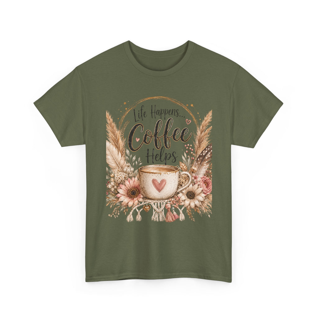 Coffee Helps T-Shirt — Floral Boho 'Life Happens, Coffee Helps' Graphic Tee