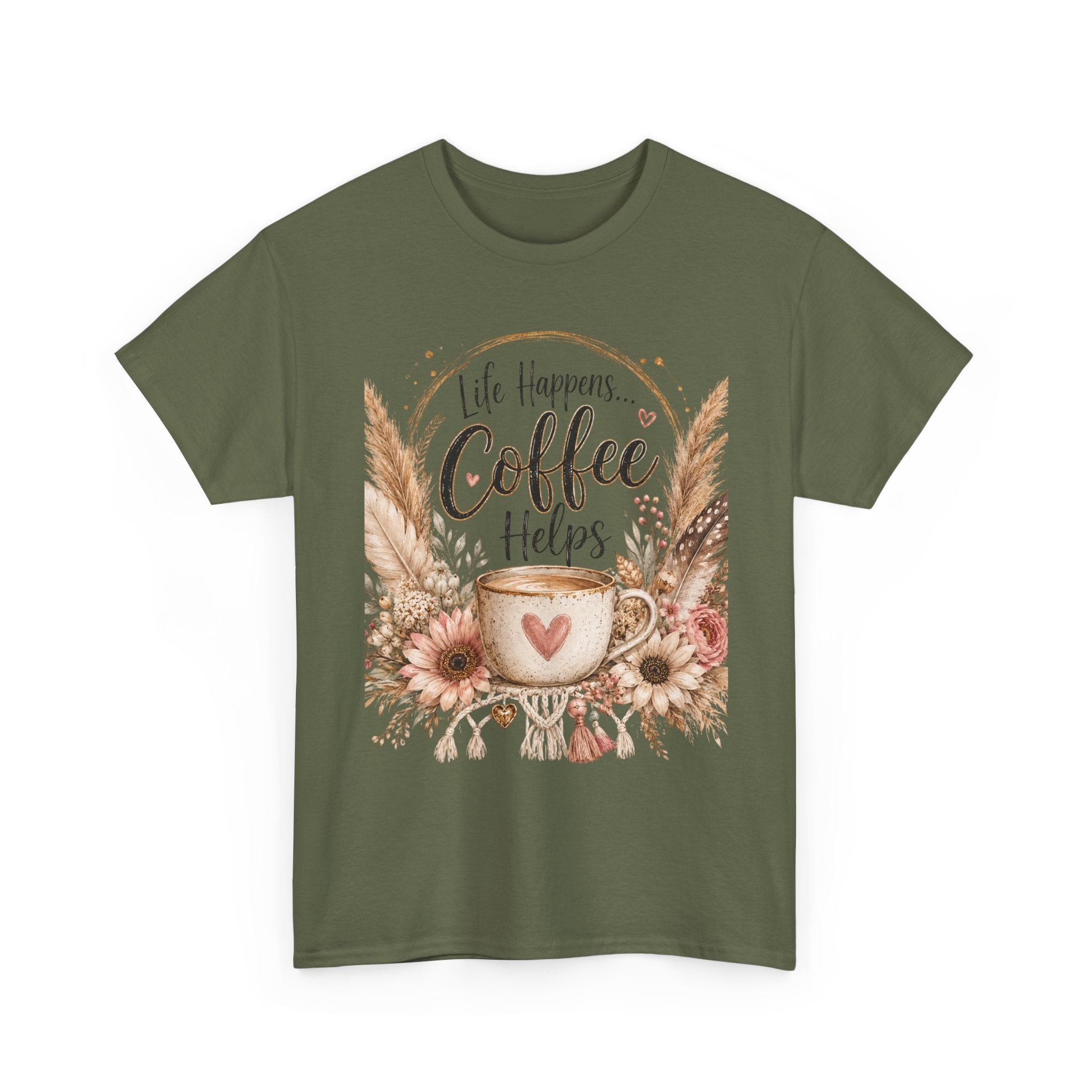 Coffee Helps T-Shirt — Floral Boho 'Life Happens, Coffee Helps' Graphic Tee