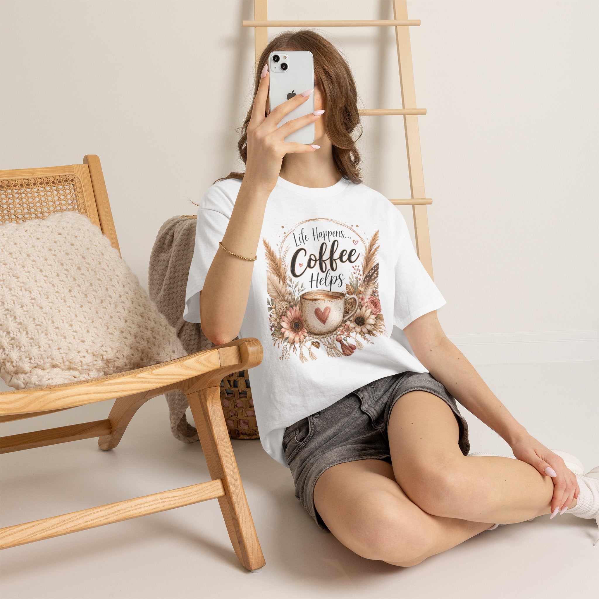 Coffee Helps T-Shirt — Floral Boho 'Life Happens, Coffee Helps' Graphic Tee