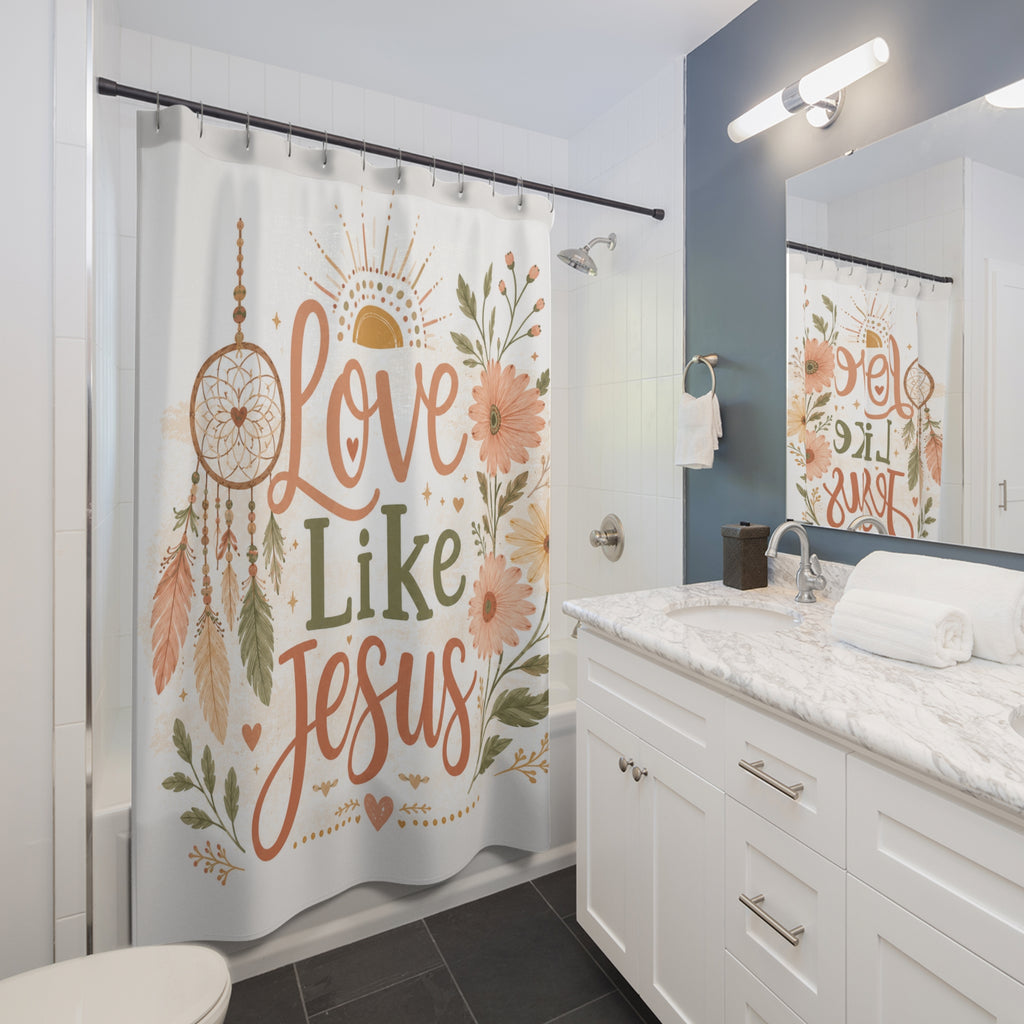 Love Like Jesus Shower Curtain – Boho Floral Christian Bathroom Decor