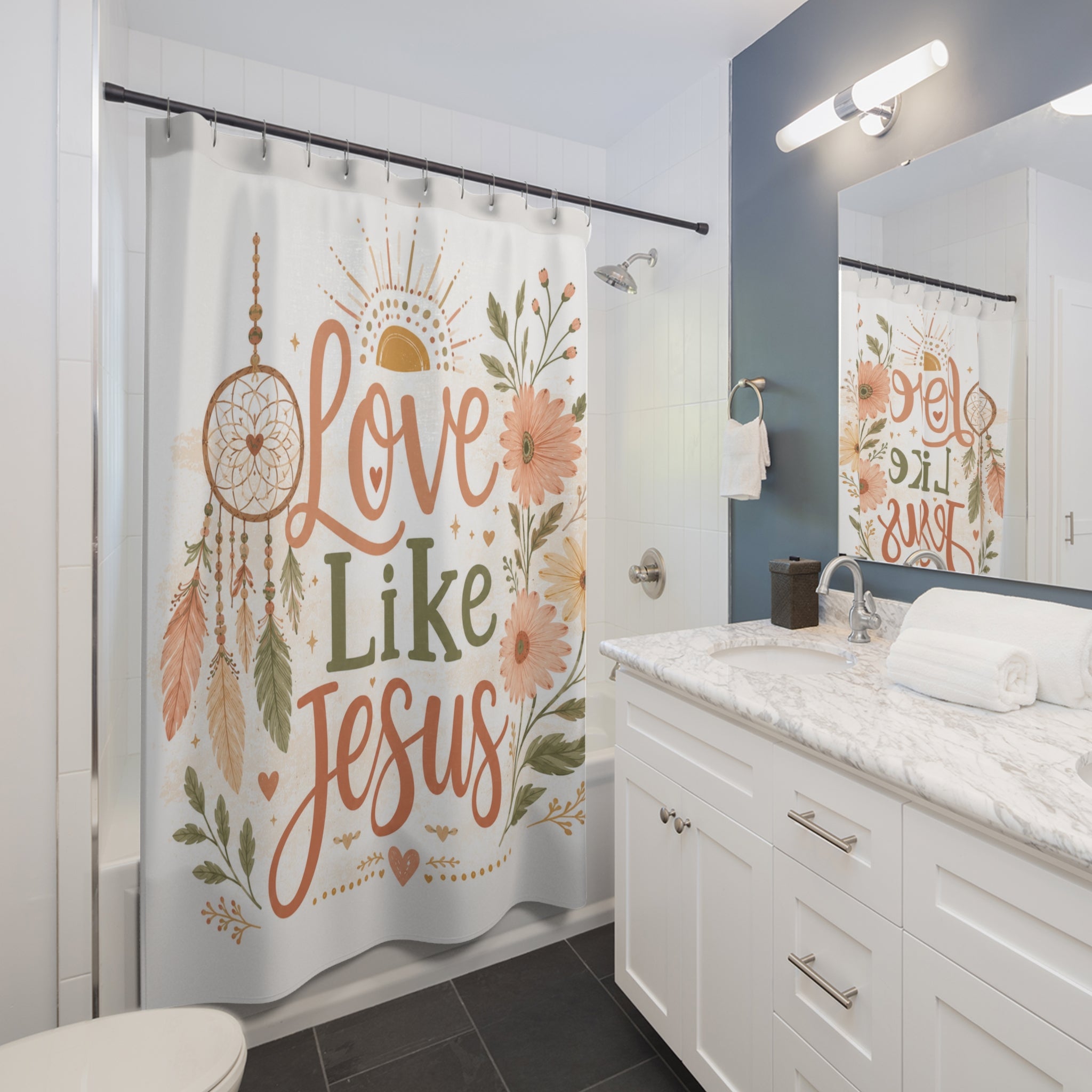 Love Like Jesus Shower Curtain – Boho Floral Christian Bathroom Decor