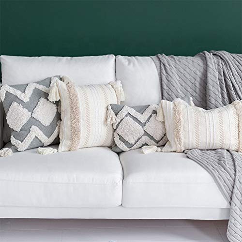 Fennco Styles Handmade Tufted Woven Tassel Decorative Throw Pillow Cover 12" W x 20" L - White Boho Cushion Case for Home, Couch, Bedroom, Office Décor