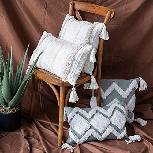 Fennco Styles Handmade Tufted Woven Tassel Decorative Throw Pillow Cover 12" W x 20" L - White Boho Cushion Case for Home, Couch, Bedroom, Office Décor