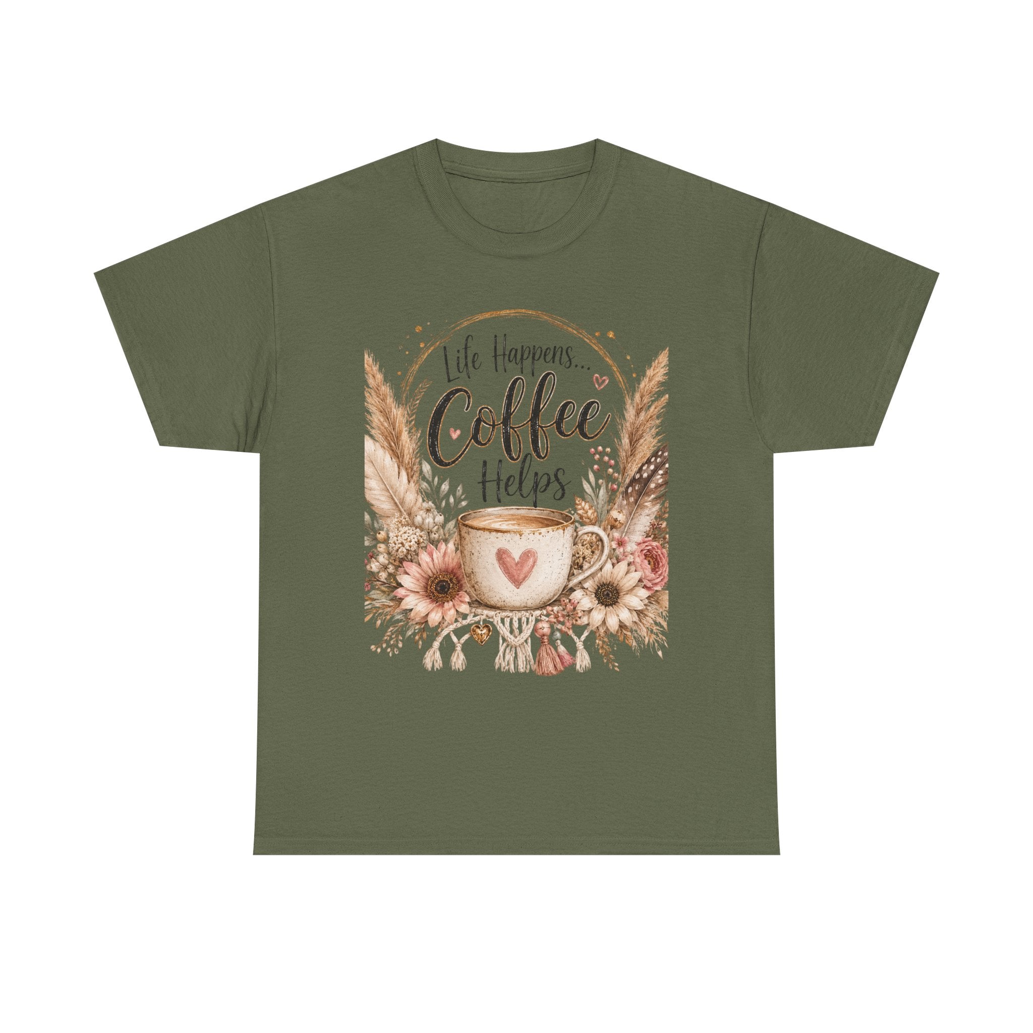Coffee Helps T-Shirt — Floral Boho 'Life Happens, Coffee Helps' Graphic Tee
