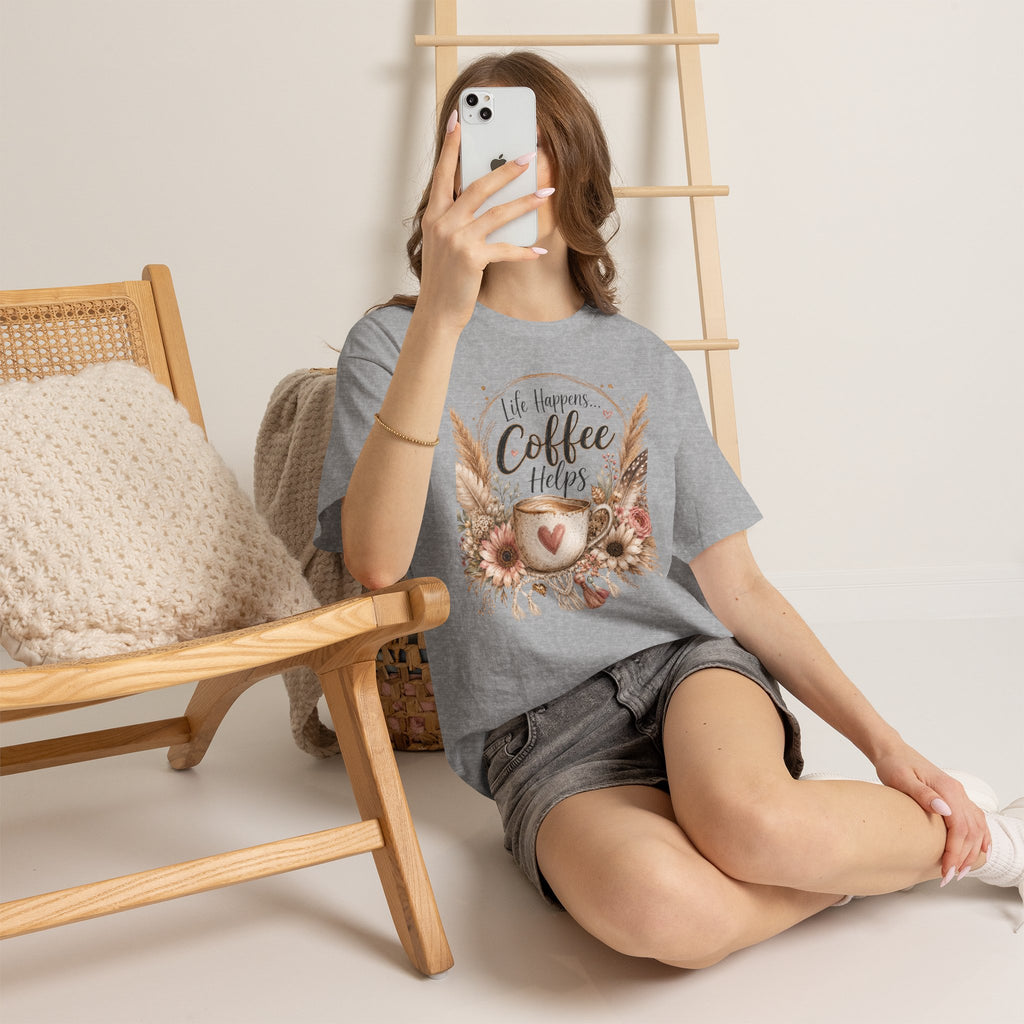 Coffee Helps T-Shirt — Floral Boho 'Life Happens, Coffee Helps' Graphic Tee