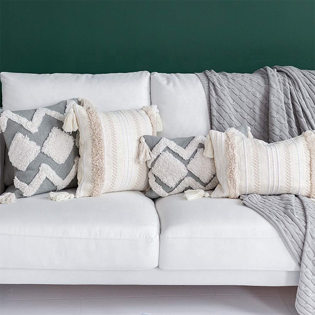 Fennco Styles Handmade Tufted Woven Tassel Decorative Throw Pillow Cover 12" W x 20" L - White Boho Cushion Case for Home, Couch, Bedroom, Office Décor