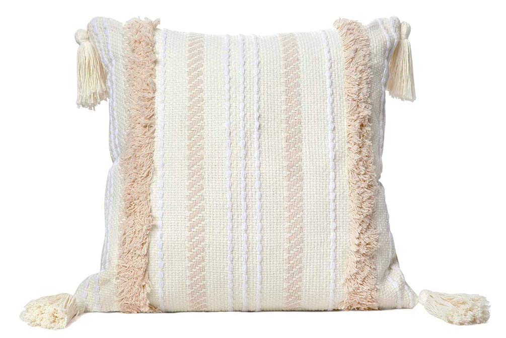 Fennco Styles Handmade Tufted Woven Tassel Decorative Throw Pillow Cover 12" W x 20" L - White Boho Cushion Case for Home, Couch, Bedroom, Office Décor