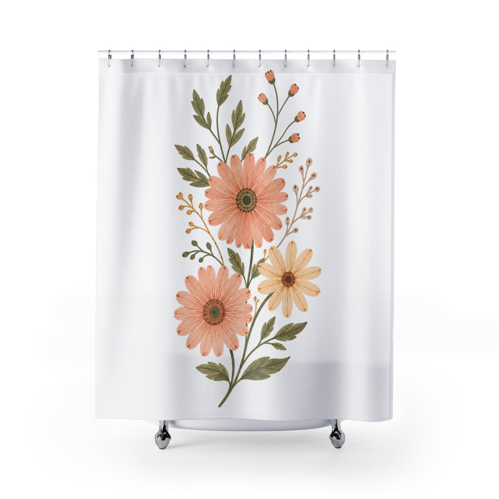Floral Daisy Shower Curtain — Peach Botanical Bathroom Decor