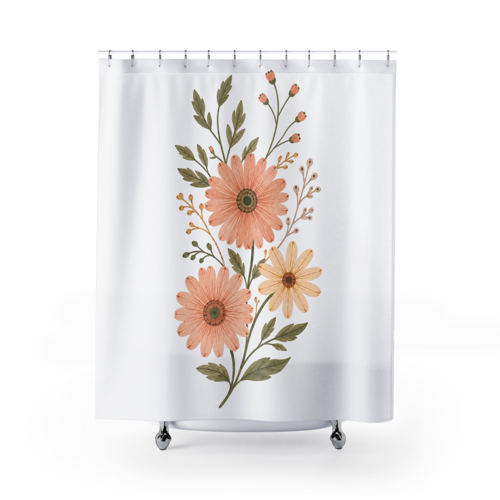 Floral Daisy Shower Curtain — Peach Botanical Bathroom Decor
