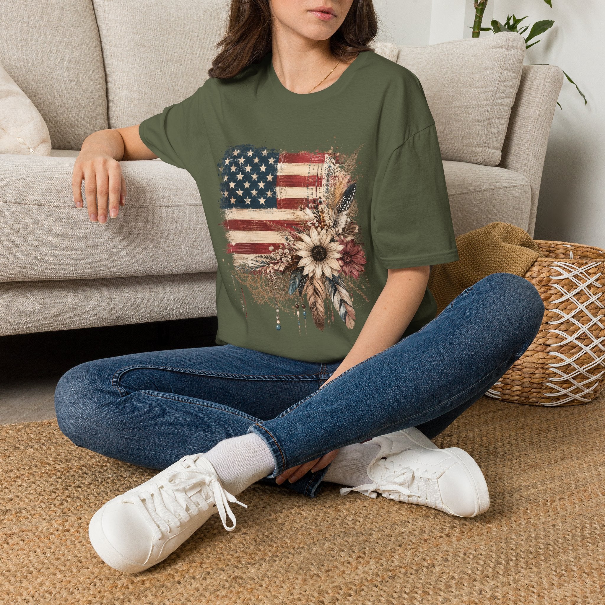 American Flag Floral T-Shirt — Rustic Vintage Stars & Stripes Tee