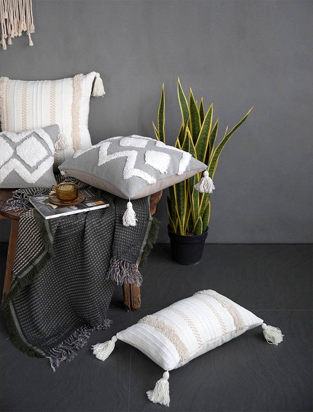 Fennco Styles Handmade Tufted Woven Tassel Decorative Throw Pillow Cover 12" W x 20" L - White Boho Cushion Case for Home, Couch, Bedroom, Office Décor