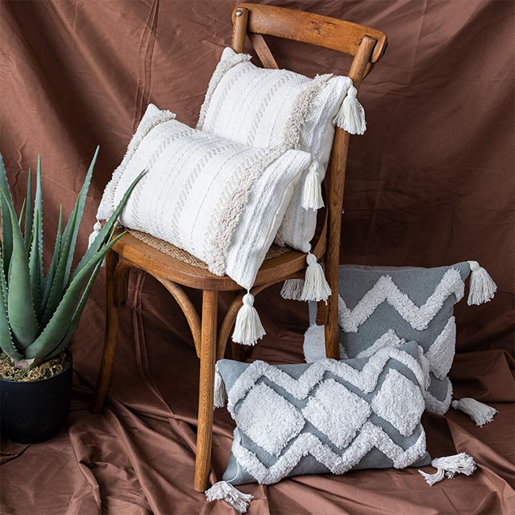 Fennco Styles Handmade Tufted Woven Tassel Decorative Throw Pillow Cover 12" W x 20" L - White Boho Cushion Case for Home, Couch, Bedroom, Office Décor