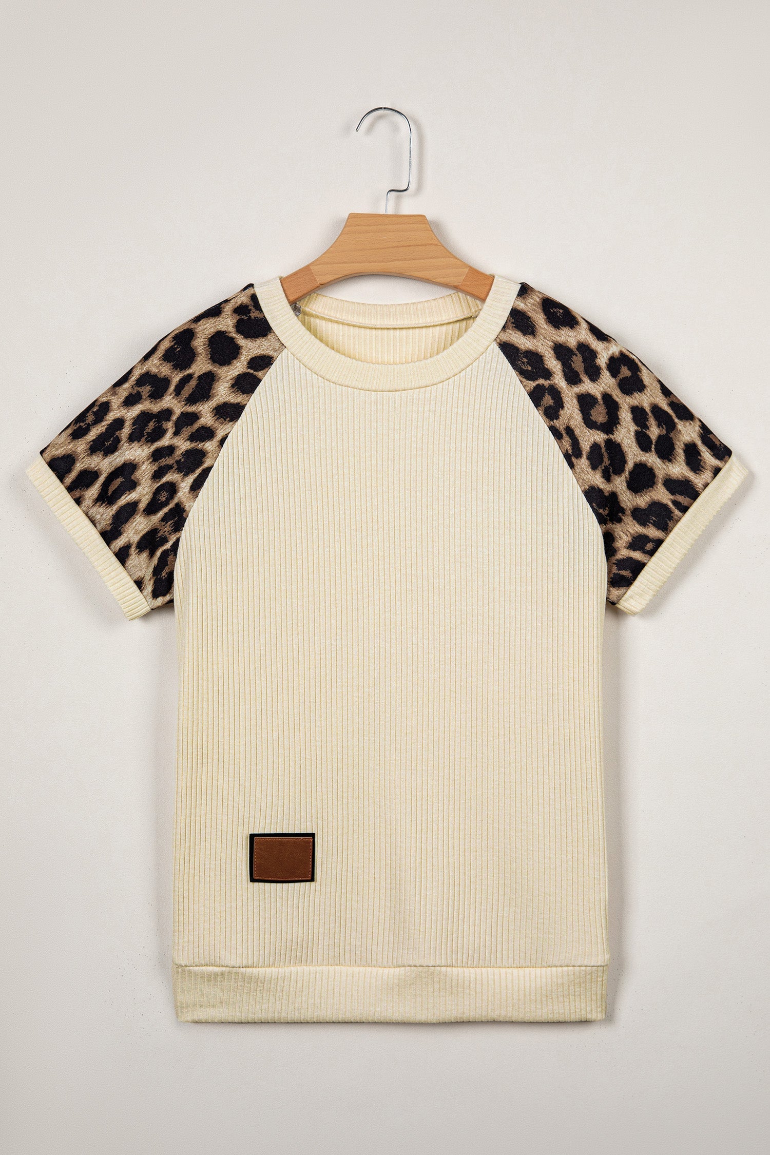 Apricot Ribbed Color Block Leopard Contrast Sleeve Loose Tee