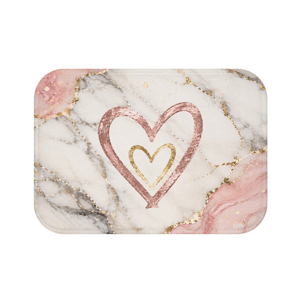 Marble Rose Gold Heart Bath Mat — Pink Marble Bathroom Rug with Gold Accents
