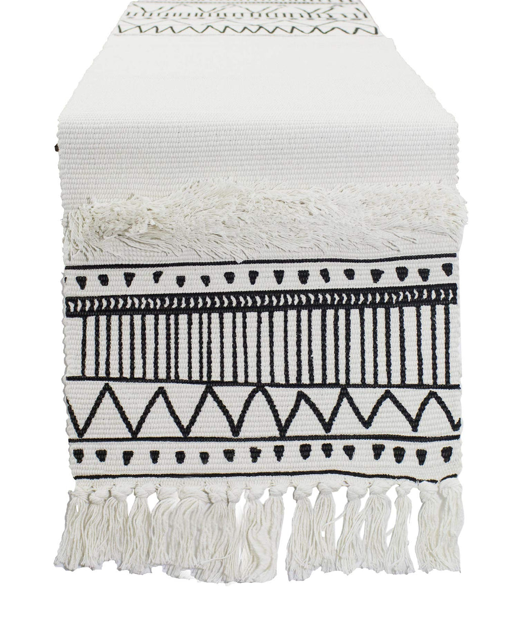 Fennco Styles Ivory Boho Tribal Textured Table Runner with Tassels - Woven Diamond Cotton Blend Table Cover for Boho Décor, Dining Table, Banquets, Family Gatherings
